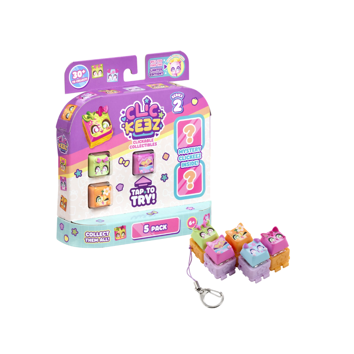 Clickeez Series 2, 5 Pack Clickable Keyboard Collectibles with Keychain and Collector Guide, Fidget Sensory Toy for Kids Ages 6+