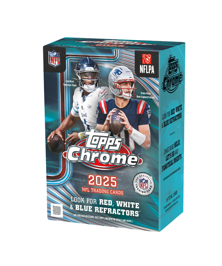 2025 Topps Chrome NFL Football Value Box Trading Cards, 7 Packs Per Box, Official NFL Collectible Card Set with Rookie Cards, Refractors, Inserts & Chase Hits