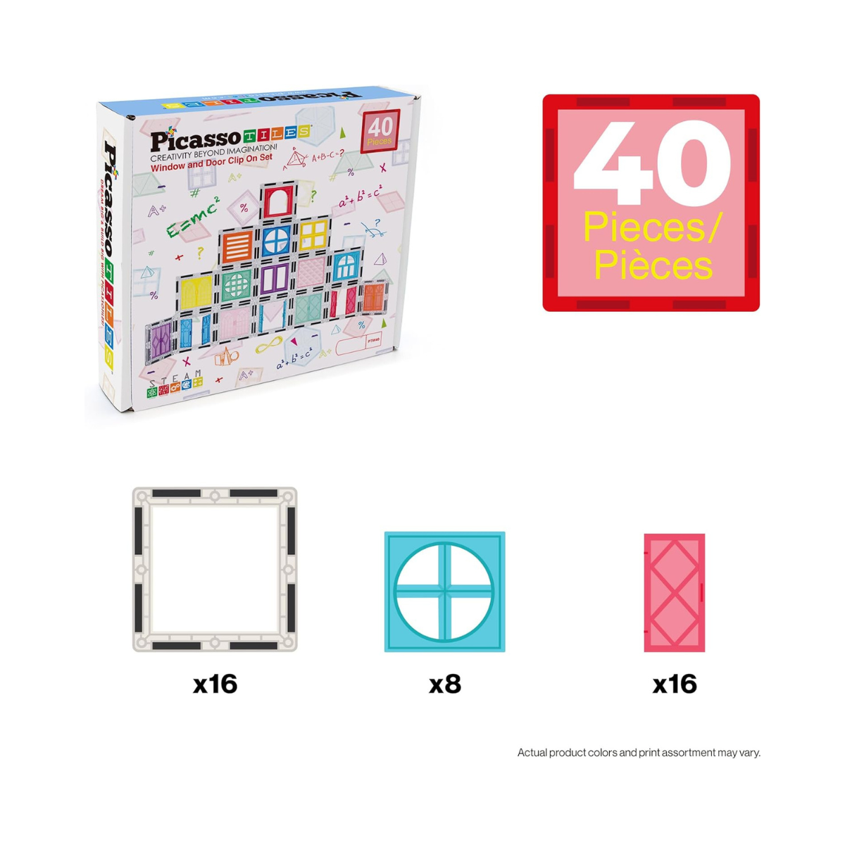 PicassoTiles 40pcs Magnetic Tile Clip-in Window and Door Expansion Set, Magnetic Block Add-ons, Magnet Building Construction Toys, STEM Education Learning Stacking Block, Toddler Boys & Girls