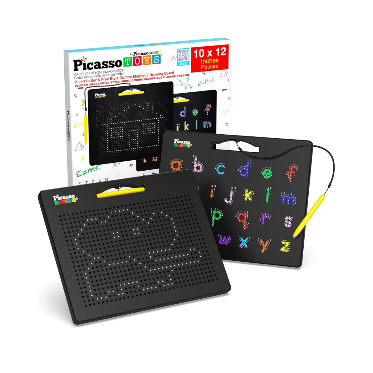 PicassoTiles 2-in-1 Double-Sided Magnetic Drawing Board Lower Case Alphabet Letter and Free Style Writing Reading Playboard 12x10 inch Large Magnet Tablet Pad Open-Ended STEAM Learning Playset PTB04