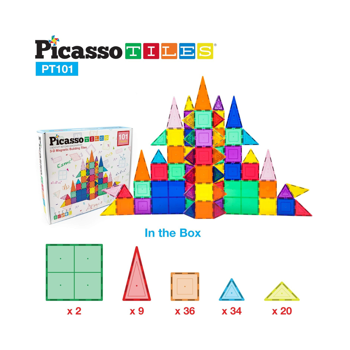 PicassoTiles PT101 101-Piece Magnetic Building Set - STEM Educational Game, Children's Brain Development, Magnetic Blocks