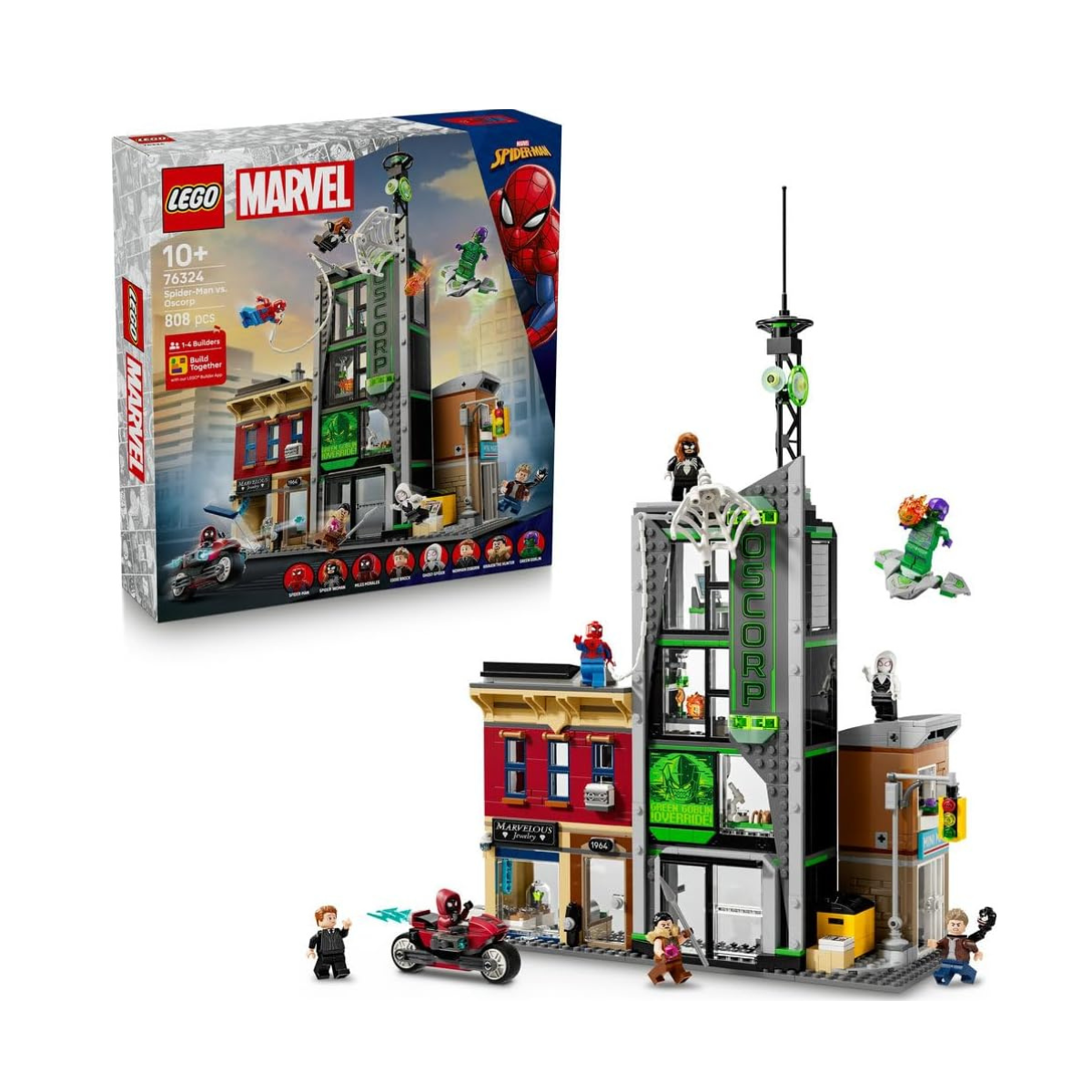 LEGO ǀ Marvel Spider-Man vs. Oscorp - Interactive Toy with a Motorbike, 8 Minifigures incl. Miles Morales & Green Goblin - Collectible Super Hero Gift for 10+ Year Old Boys & Fans - 76324