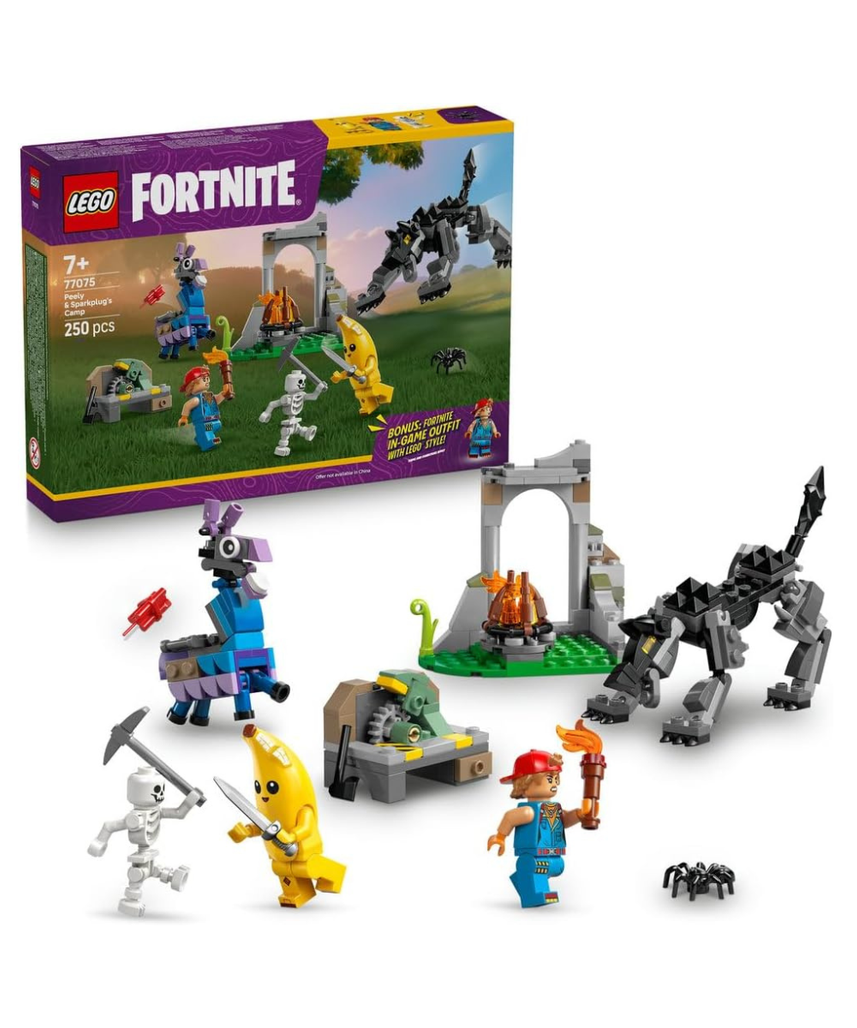 LEGO Fortnite Peely & Sparkplug’s Camp Toy - incl. Wolf & Supply Llama Figures plus a Campfire & 3 Minifigures - Gift for 7+ Year Old Boys, Girls & Gaming Fans - 77075