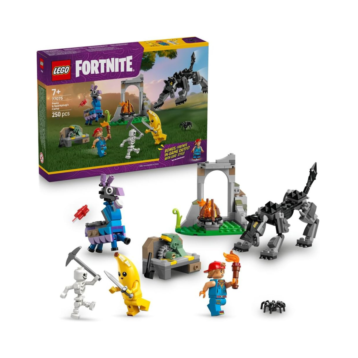 LEGO Fortnite Peely & Sparkplug’s Camp Toy - incl. Wolf & Supply Llama Figures plus a Campfire & 3 Minifigures - Gift for 7+ Year Old Boys, Girls & Gaming Fans - 77075