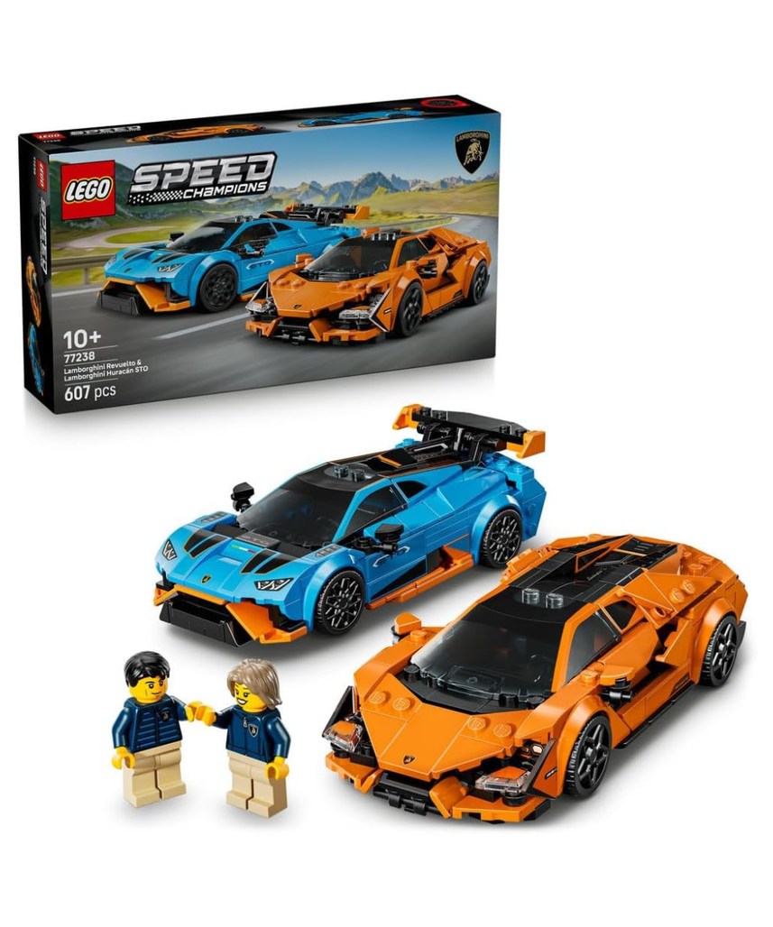 LEGO Speed Champions Lamborghini Revuelto & Huracán STO - Toy Race Cars Model Kit incl. 2 Driver Minifigures - Ramadan Gift for 10+ Year Old Boys - 77238