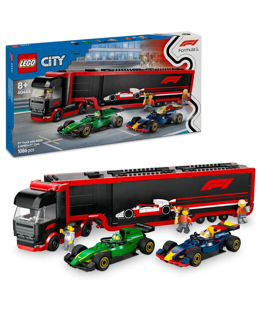 LEGO City F1 Truck with RB20 & AMR24 F1 Cars - Car Transporter Toy for RB & Aston Martin Formula 1 Teams - Incl. 2 Drivers & Race Simulator - Gifts for 8+ Year Old Boys & Girls - 60445