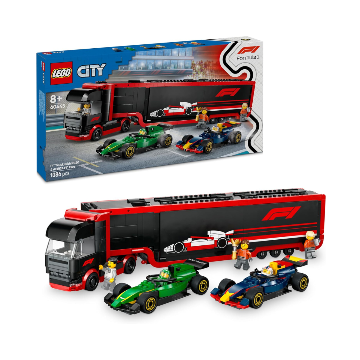 LEGO City F1 Truck with RB20 & AMR24 F1 Cars - Car Transporter Toy for RB & Aston Martin Formula 1 Teams - Incl. 2 Drivers & Race Simulator - Gifts for 8+ Year Old Boys & Girls - 60445