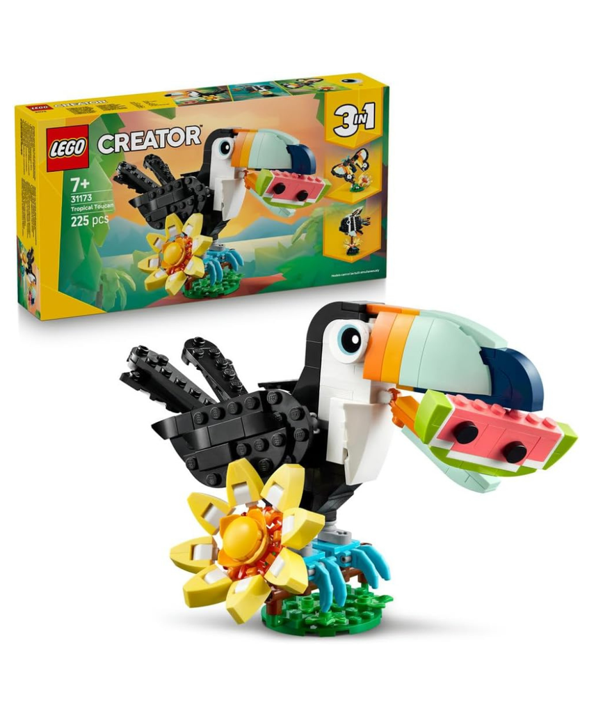 LEGO Creator 3in1 Wild Animals: Tropical Toucan with a Flower - Toy Animal Transforms into a Butterfly Figure or a Tropical Fish - Ramadan Gift for 7+ Year Old Girls & Boys - 31173