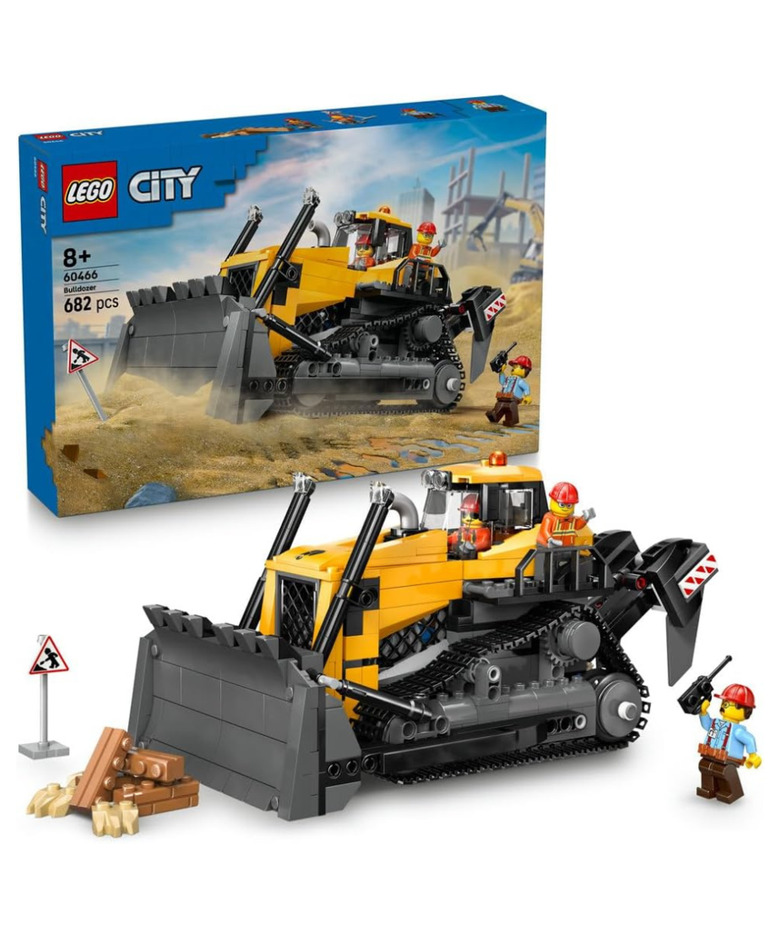 LEGO City Yellow Bulldozer Toy - Large Construction Vehicle Building Set - incl. 3 Minifigures plus Loose Bricks & Road Signs - Birthday Gift for 8+ Year Old Boys - 60466