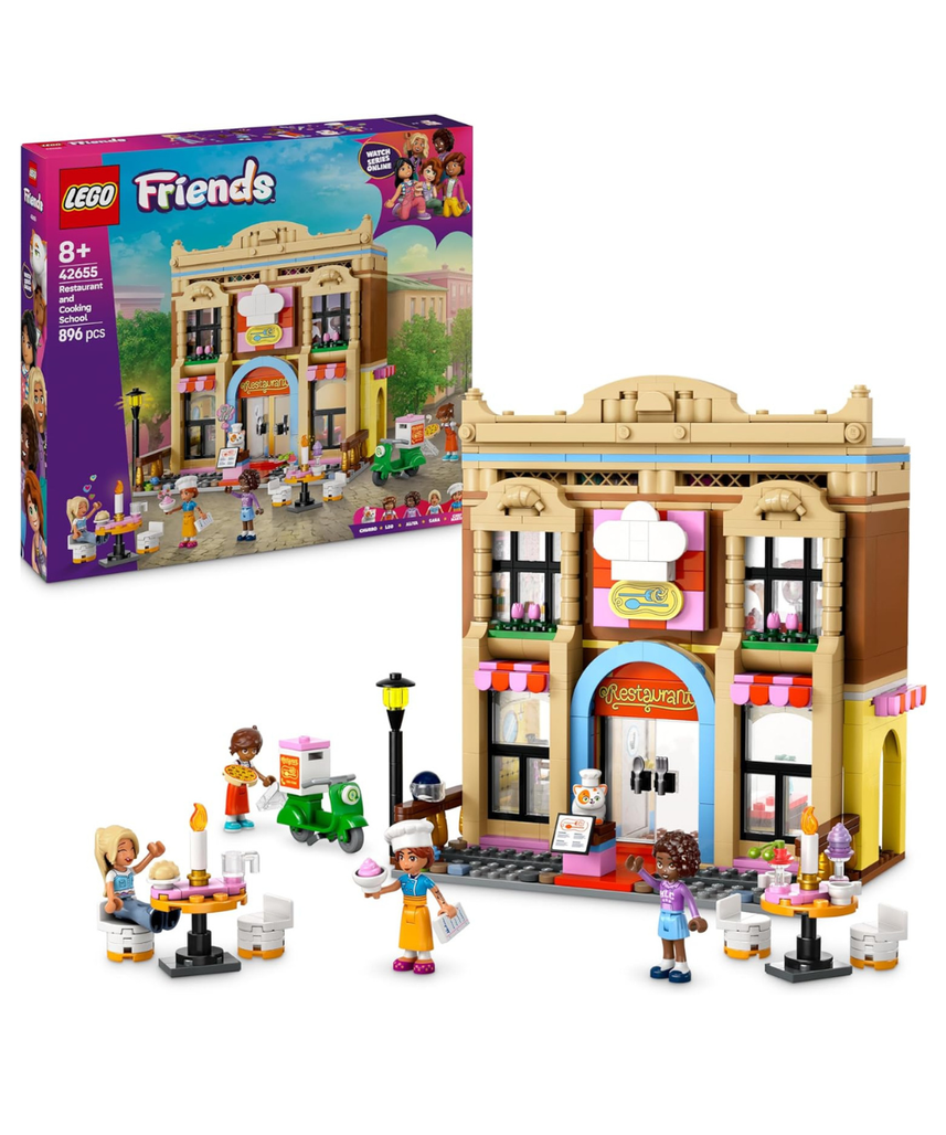 LEGO Friends Restaurant and Cooking School, Pretend-Play Food Role-Play Toy, Kids’ Building Kit for Girls and Boys Aged 8 Years Old and Over, 4 Minidolls and a Cat Figure, Promotes Social Skills 42655