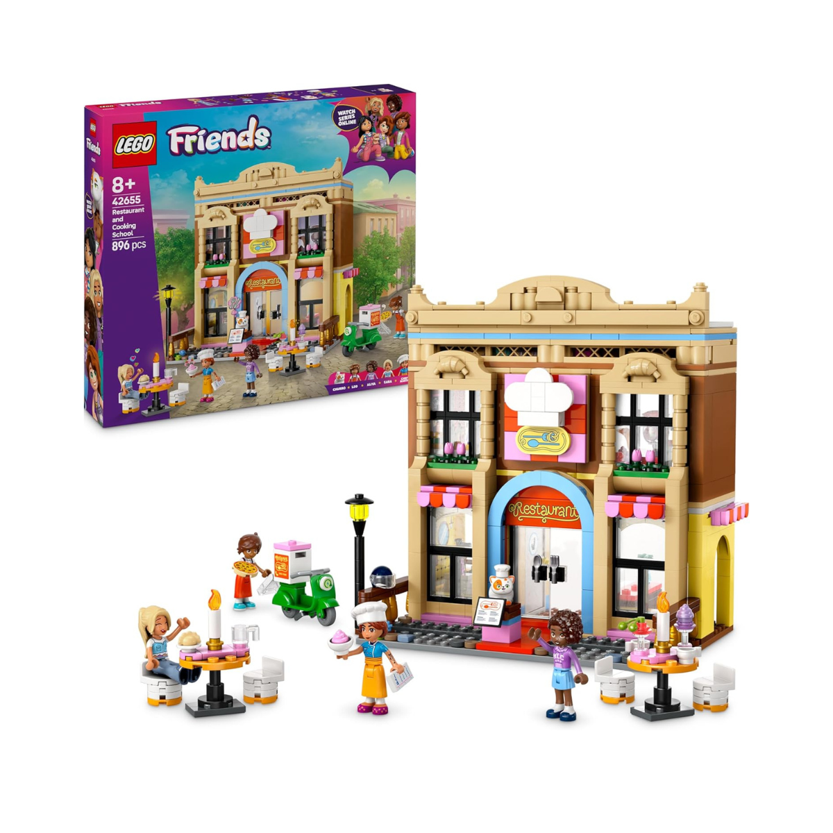 LEGO Friends Restaurant and Cooking School, Pretend-Play Food Role-Play Toy, Kids’ Building Kit for Girls and Boys Aged 8 Years Old and Over, 4 Minidolls and a Cat Figure, Promotes Social Skills 42655