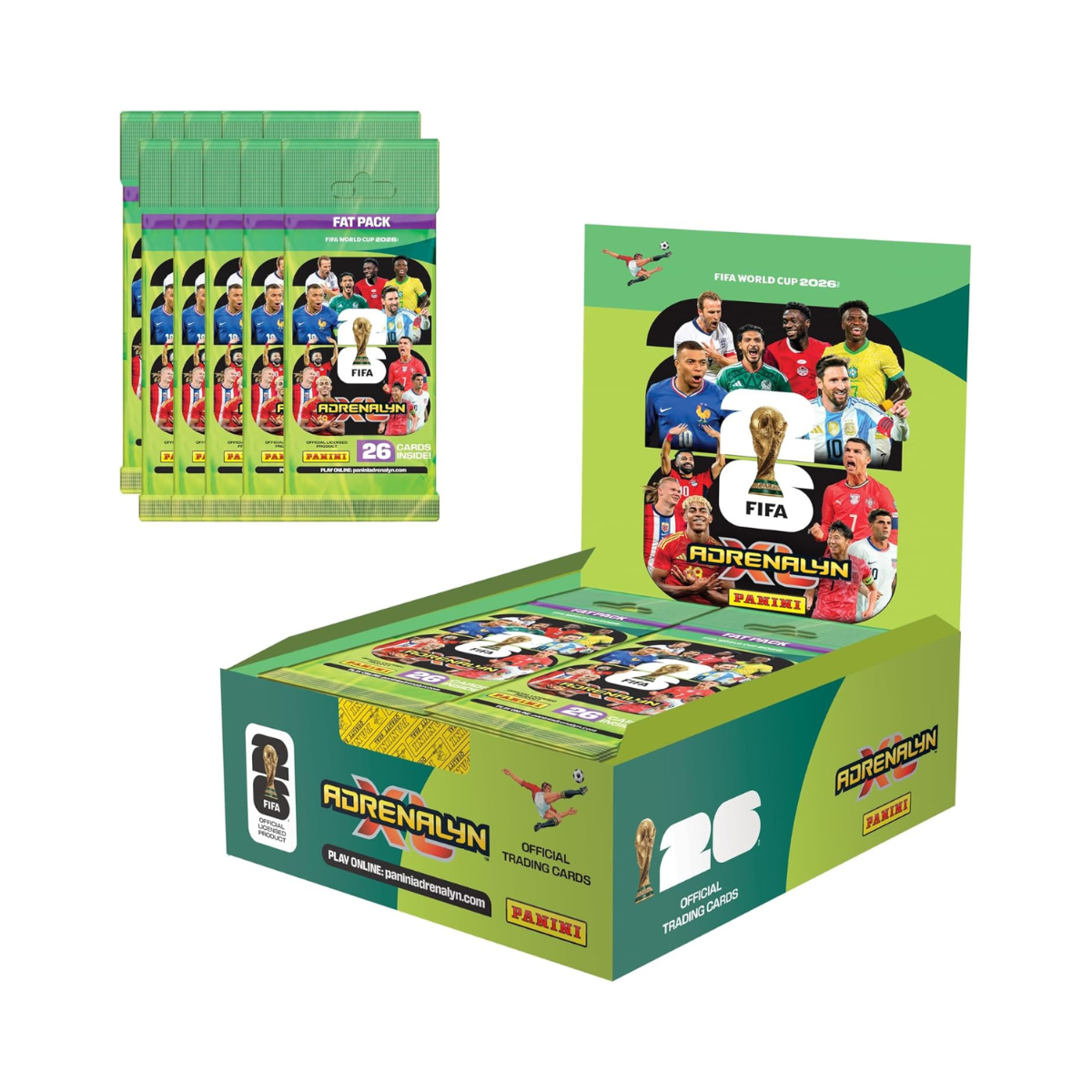 Panini FIFA World Cup 2026 Adrenalyn XL Fat Pack Trading Cards, 26 Cards Per Pack No Duplicates Inside, Official Football Collectible Cards, Single Pack or Box Option, Age 6+