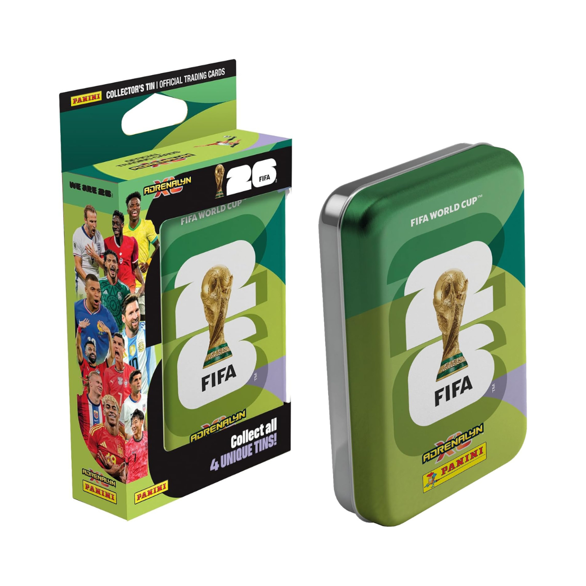 Panini FIFA World Cup 2026 Adrenalyn XL Mini Tin, 4 Trading Card Packets with 3 Limited Edition Gold Cards, Official Football Collectible Cards, Assorted Tin, Ages 6+