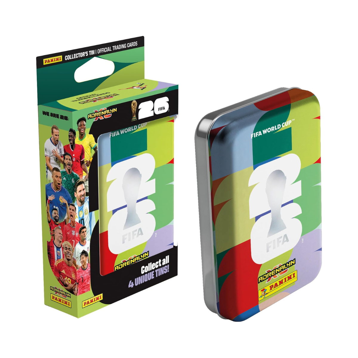 Panini FIFA World Cup 2026 Adrenalyn XL Mini Tin, 4 Trading Card Packets with 3 Limited Edition Gold Cards, Official Football Collectible Cards, Assorted Tin, Ages 6+