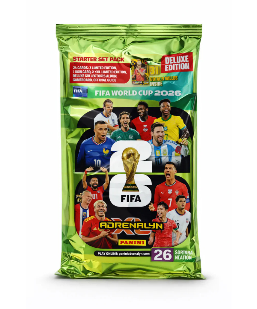 Panini FIFA World Cup 2026 Adrenalyn XL Starter Pack Trading Cards, Official Football Card Collection Set with Deluxe Album, Limited Edition Cards, Golden Baller Card, XXL Cards, Gameboard and Guide, Soccer Collectible Cards for Kids and Collectors Age 6+