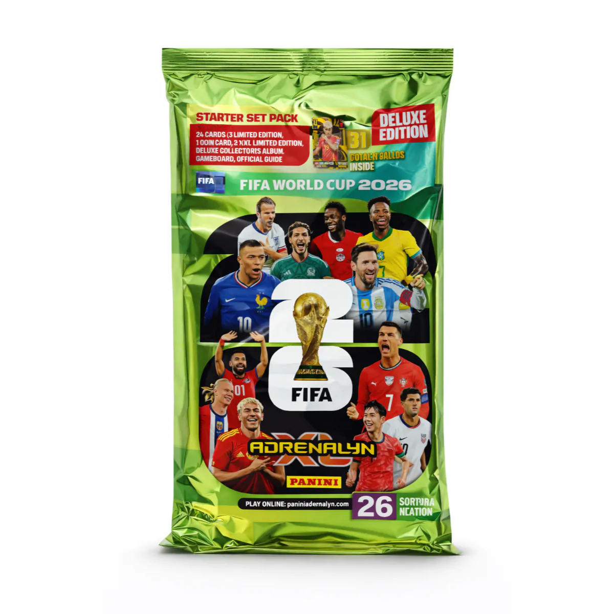 Panini FIFA World Cup 2026 Adrenalyn XL Starter Pack Trading Cards, Official Football Card Collection Set with Deluxe Album, Limited Edition Cards, Golden Baller Card, XXL Cards, Gameboard and Guide, Soccer Collectible Cards for Kids and Collectors Age 6+
