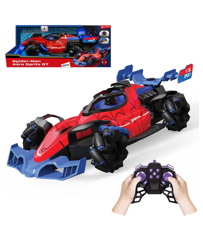 Marvel Spider-Man Aero Spitz GT RC Stunt Car – 2.4 GHz Remote Control Drifting Vehicle with Mecanum Wheels, Water Mist Spray, Music & LED Lights, 360° Spins, Official Marvel Toy for Kids Ages 6+