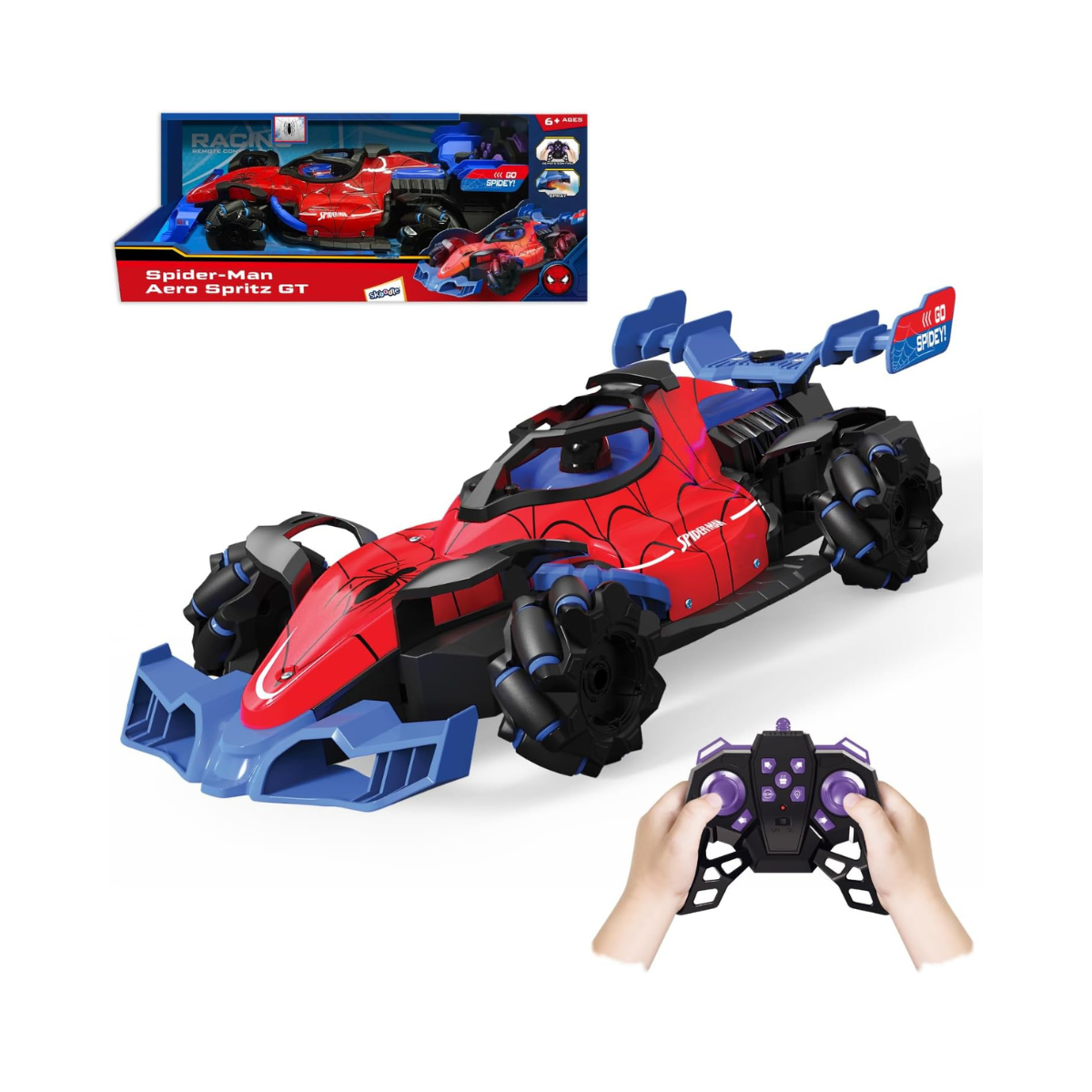 Marvel Spider-Man Aero Spitz GT RC Stunt Car – 2.4 GHz Remote Control Drifting Vehicle with Mecanum Wheels, Water Mist Spray, Music & LED Lights, 360° Spins, Official Marvel Toy for Kids Ages 6+