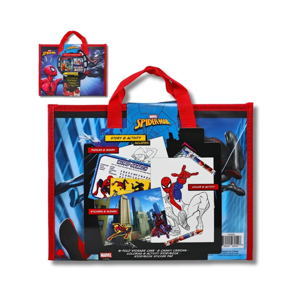 Marvel Spider-Man Story & Activity Tote Case for Kids - All-in-One Portable Art Set with Crayons, Coloring Storybook, and Stickers - Fun Travel Gift for Boys & Girls