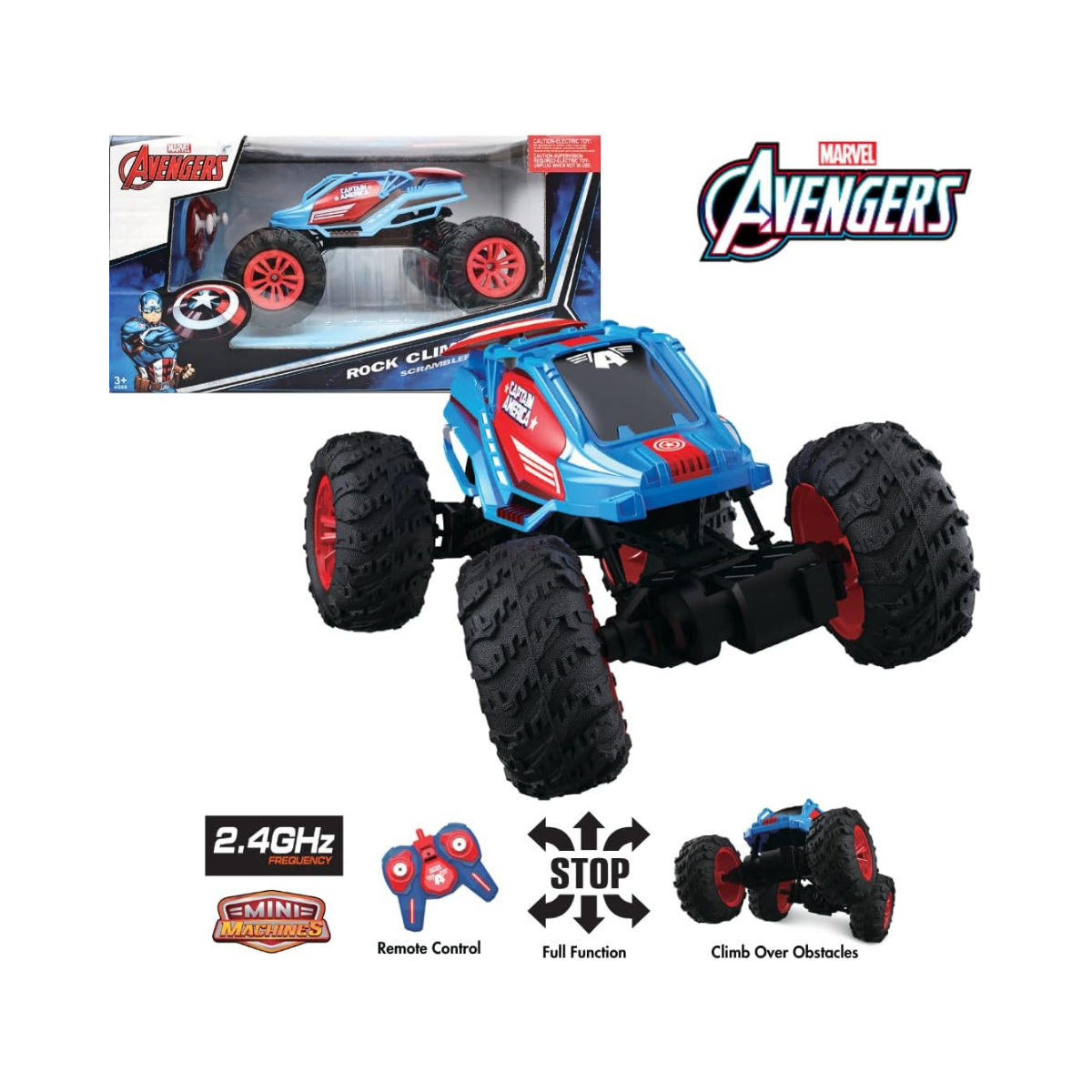 Marvel Captain America RC Monster Truck for Kids, All-Terrain Remote Control Car, 2.4GHz Off-Road Vehicle, Climbs Obstacles, High-Speed Speedster Toy for Boys & Girls, Age 3+
