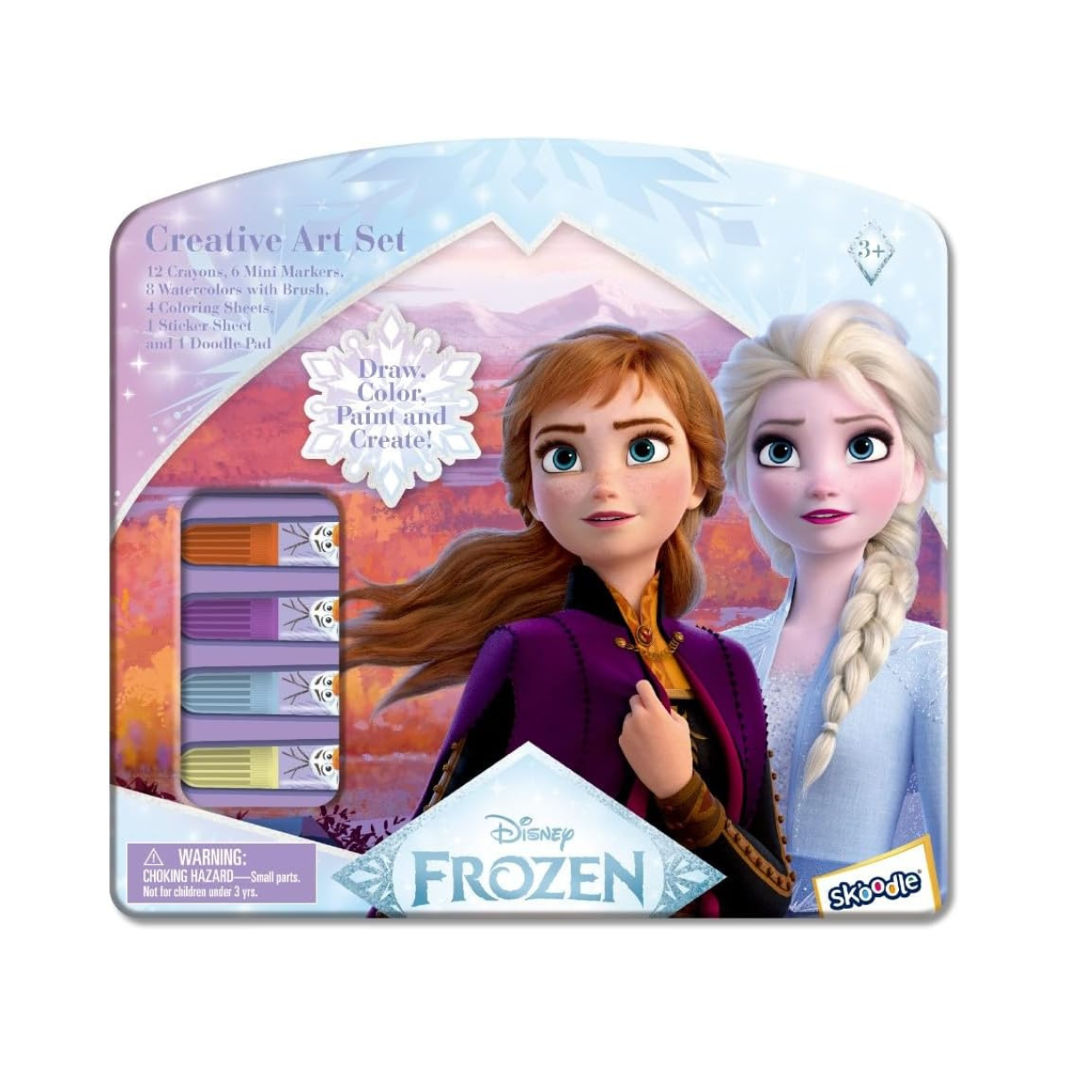 Disney Frozen 2 Creative Art Set for Kids - All-in-One Portable Tin Art Kit with Anna & Elsa, Crayons, Markers, Watercolor Paint, Doodle Pad, and Coloring Sheets - Fun Travel Gift for Ages 3+