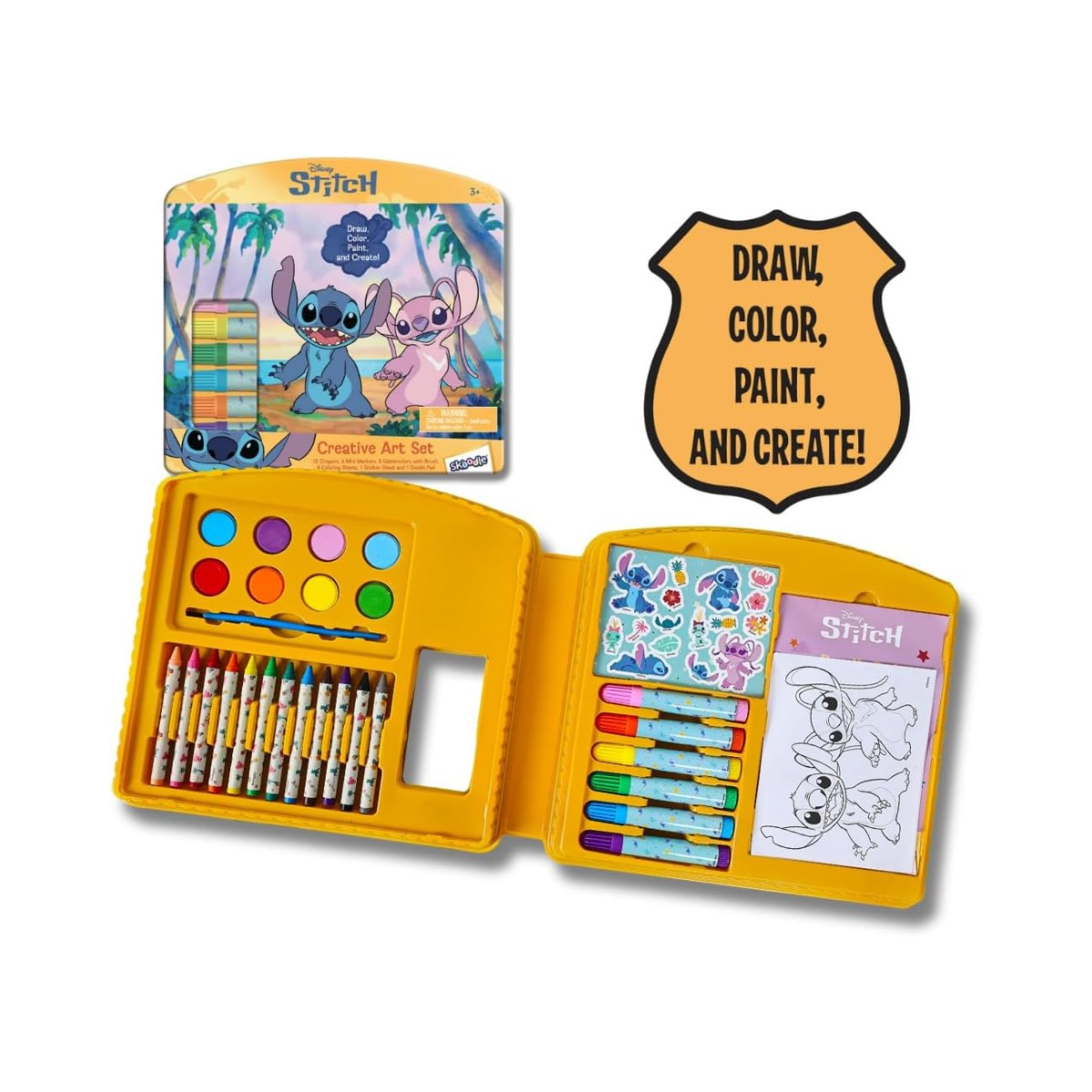 Disney Lilo & Stitch Creative Art Set for Kids - All-in-One Portable Tin Art Kit with Crayons, Markers, Watercolor Paint, Doodle Pad, and Stickers - Fun Travel Gift for Ages 3+