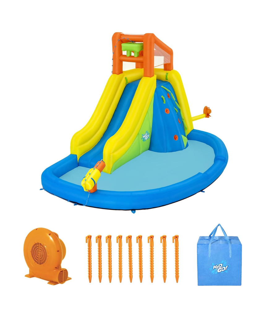 Bestway H2OGO Mount Splashblast Mega Water Park 4.35m Inflatable Slide with Climbing Wall, Splash Pool, Blower Included, Kids Outdoor Water Play Center, Ages 5+