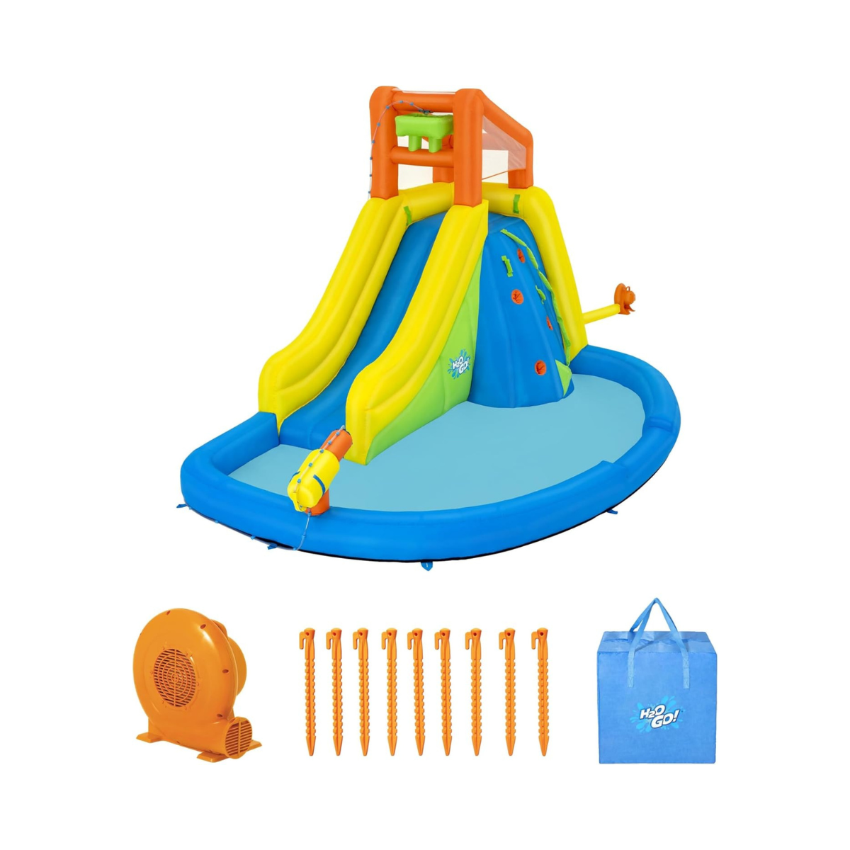 Bestway H2OGO Mount Splashblast Mega Water Park 4.35m Inflatable Slide with Climbing Wall, Splash Pool, Blower Included, Kids Outdoor Water Play Center, Ages 5+