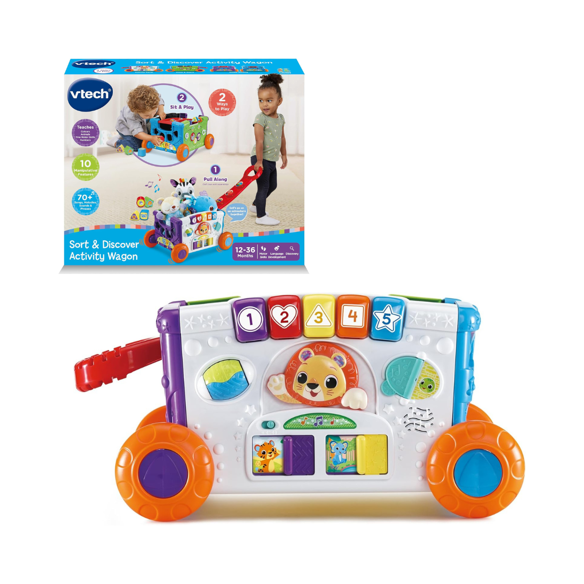 VTech Sort & Discover Activity Wagon Toddler Pull Along Learning Toy with Light-Up Panel Shape Sorter and Gears Multicolour 12m+