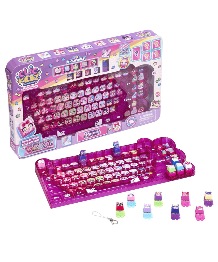 Clickeez Keyboard Mega Pack Collectible Fidget Key Caps Set with Storage Keyboard and 15 Clickable Characters Stress Relief Sensory Toy for Kids Ages 6+