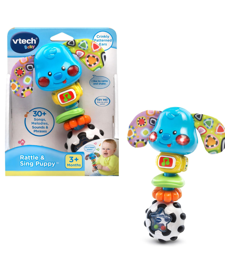 VTech Rattle and Sing Puppy Baby Musical Rattle with Lights Sounds and Textures Multicolour 3–36 Months
