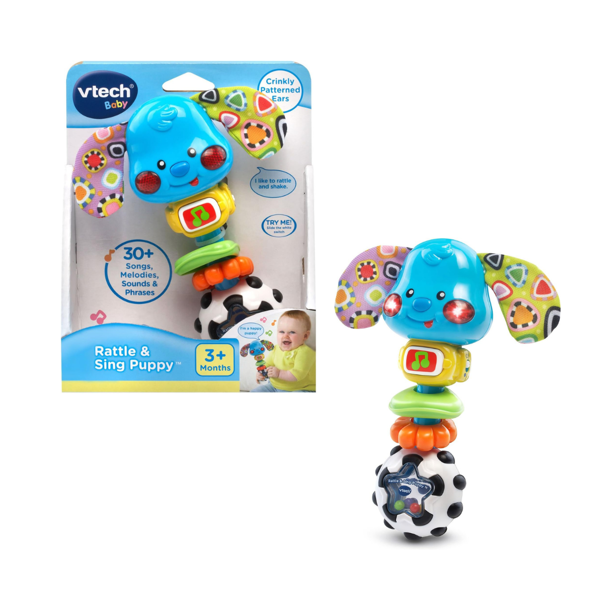 VTech Rattle and Sing Puppy Baby Musical Rattle with Lights Sounds and Textures Multicolour 3–36 Months