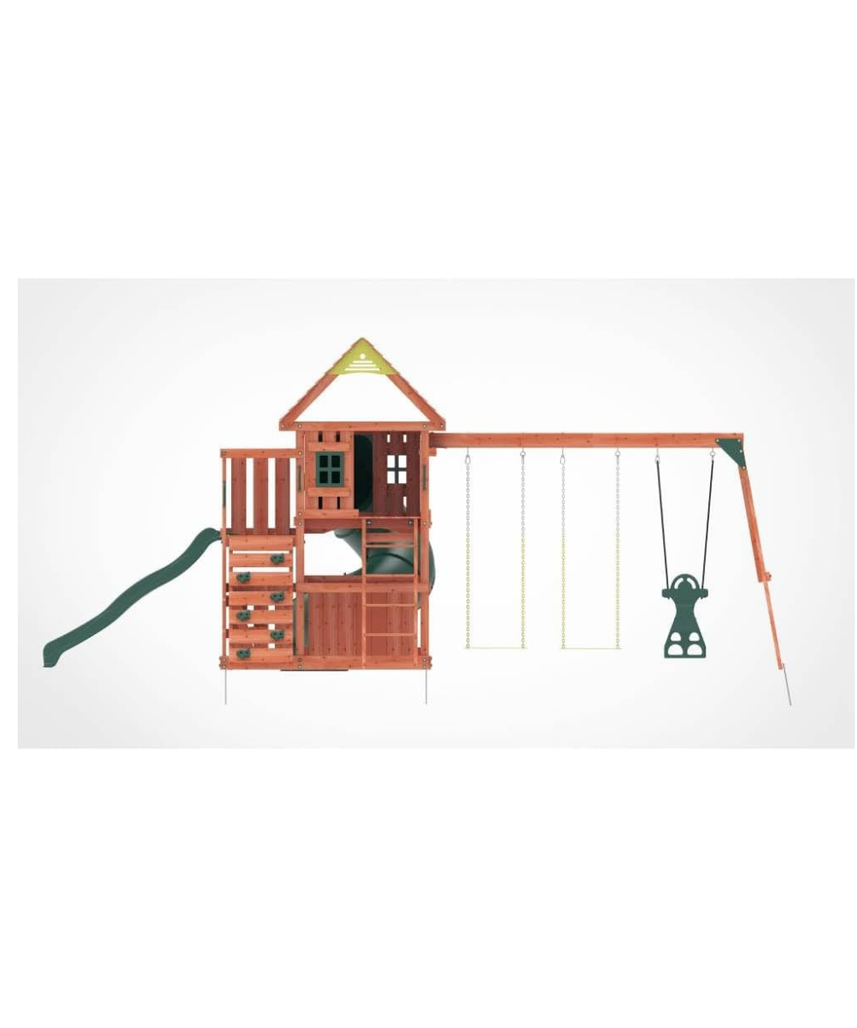 Kiddoro Little Heroes HQ Wooden Swing Set with Double Slides, Tube Slide & Climbing Wall for Kids 3+ Years