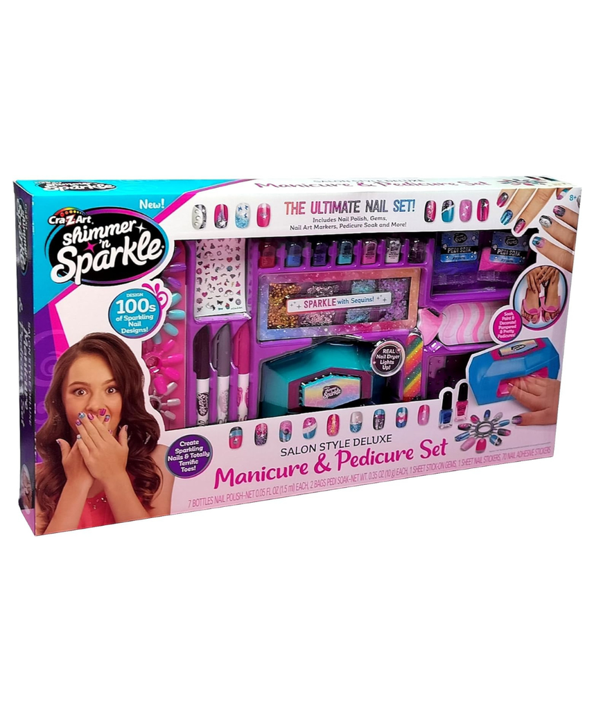 Shimmer N Sparkle Salon Style Manicure & Pedicure Kit with Real Nail Dryer, Soak, Polish and Decorate Accessories for Fun At Home Nail Art and Spa Play