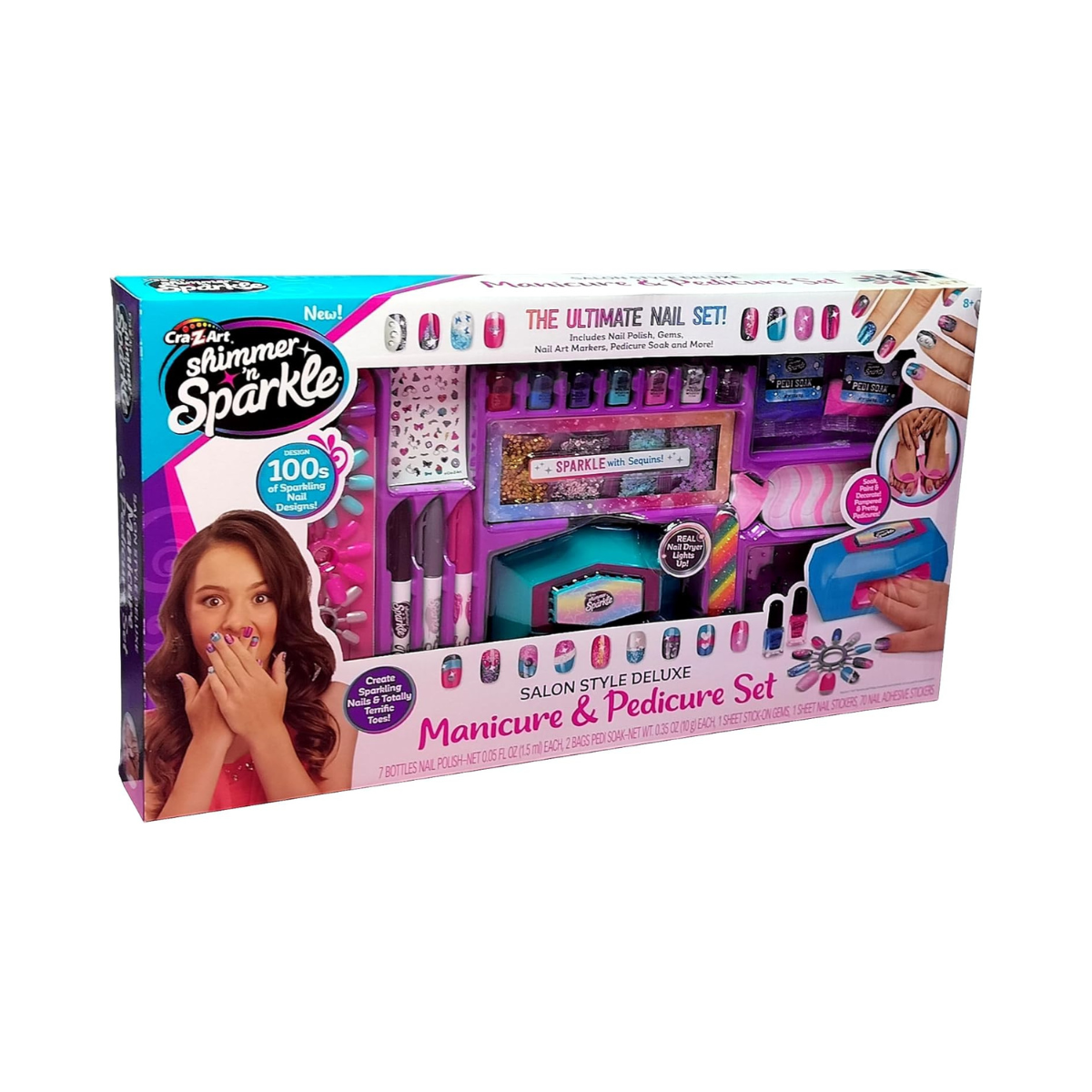 Shimmer N Sparkle Salon Style Manicure & Pedicure Kit with Real Nail Dryer, Soak, Polish and Decorate Accessories for Fun At Home Nail Art and Spa Play