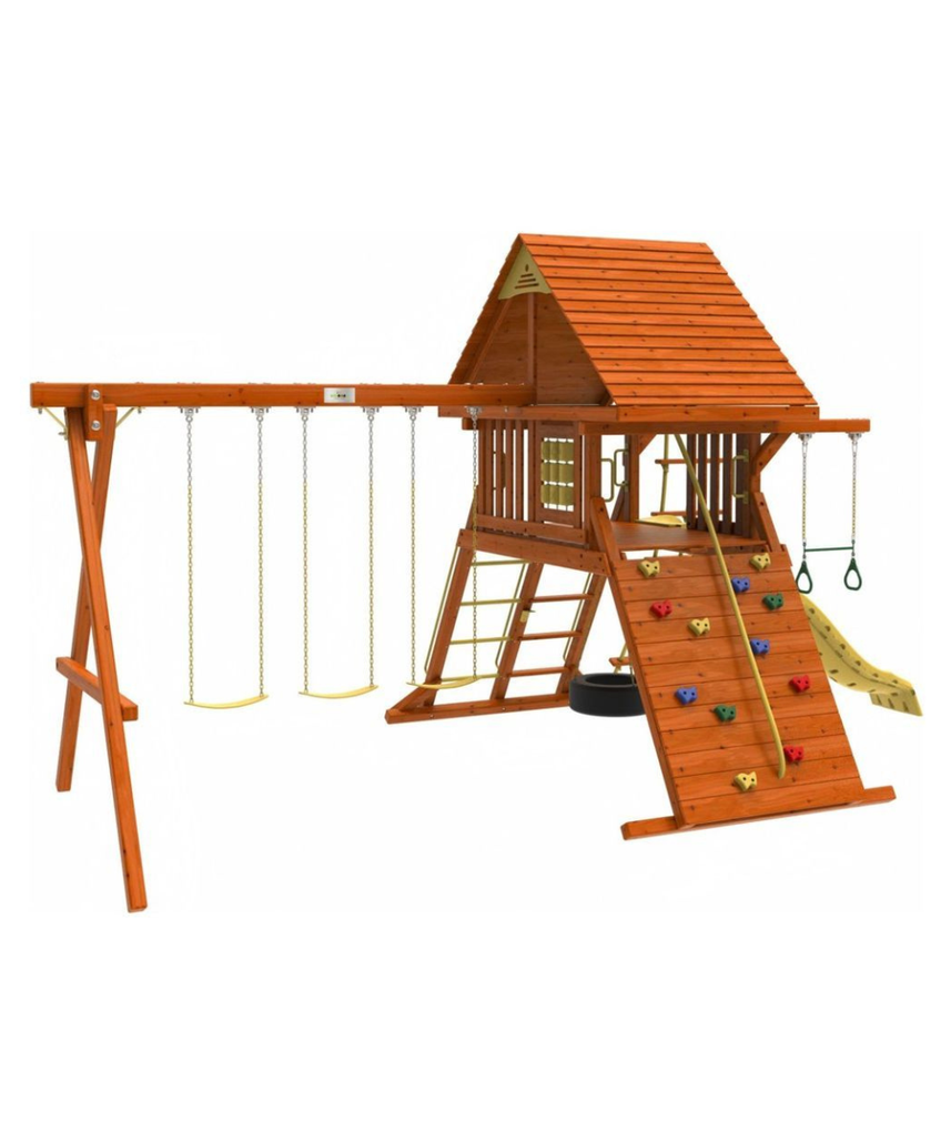 Kiddoro Discovery Den Wooden Swing Set, Backyard Adventure Playset with Swings, Slide, Climbing Wall & Clubhouse, Kids 2+ Years
