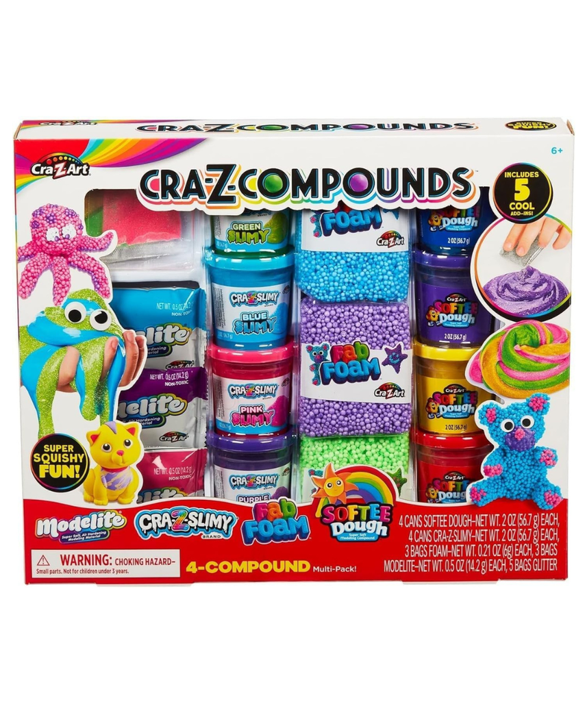 Cra-Z-Slimy 60066 Slime Compound 4-Pack Toy, Includes Softee Dough, Cra-Z Slimy, Fab Foam, Modelite, Glitter Add-Ins, Sensory Play Kit for Kids 6+
