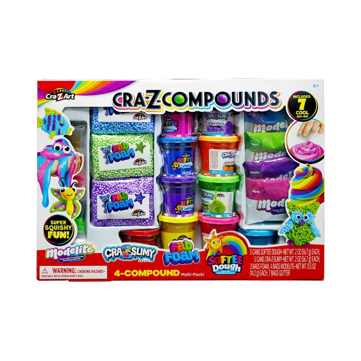 Cra-Z-Compounds Large Pack Super Squishy Sensory Play Kit, Includes Cra-Z Slimy, Softee Dough, Fab Foam, Modelite, Glitter Add-Ins, Arts and Crafts Compound Set for Kids 6+