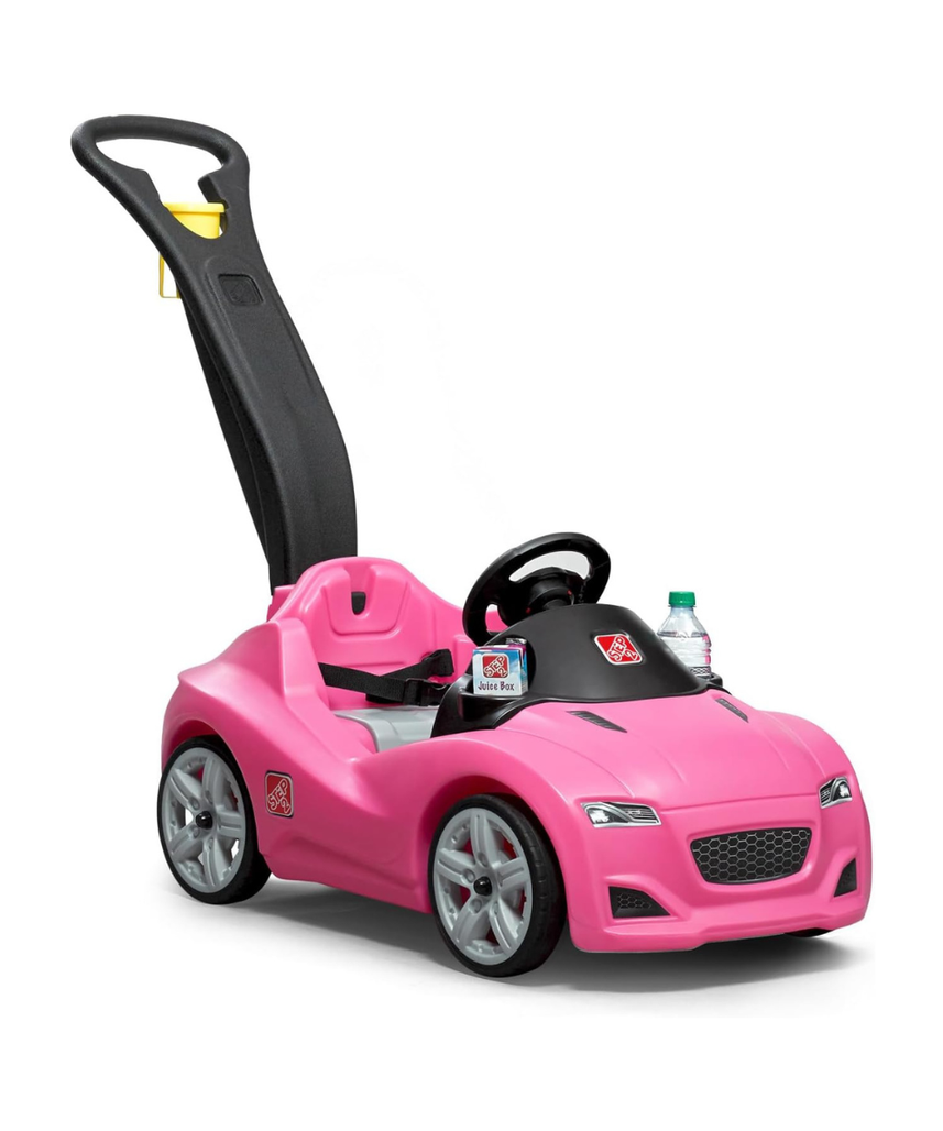 Step2 Whisper Ride Cruiser Kids Push Car with Parent Handle, Seat Belt, Horn & Storage Trunk, Single Seater Ride-On Toy for Boys and Girls, Gray, Pink & Blue, Ages 18 Months+