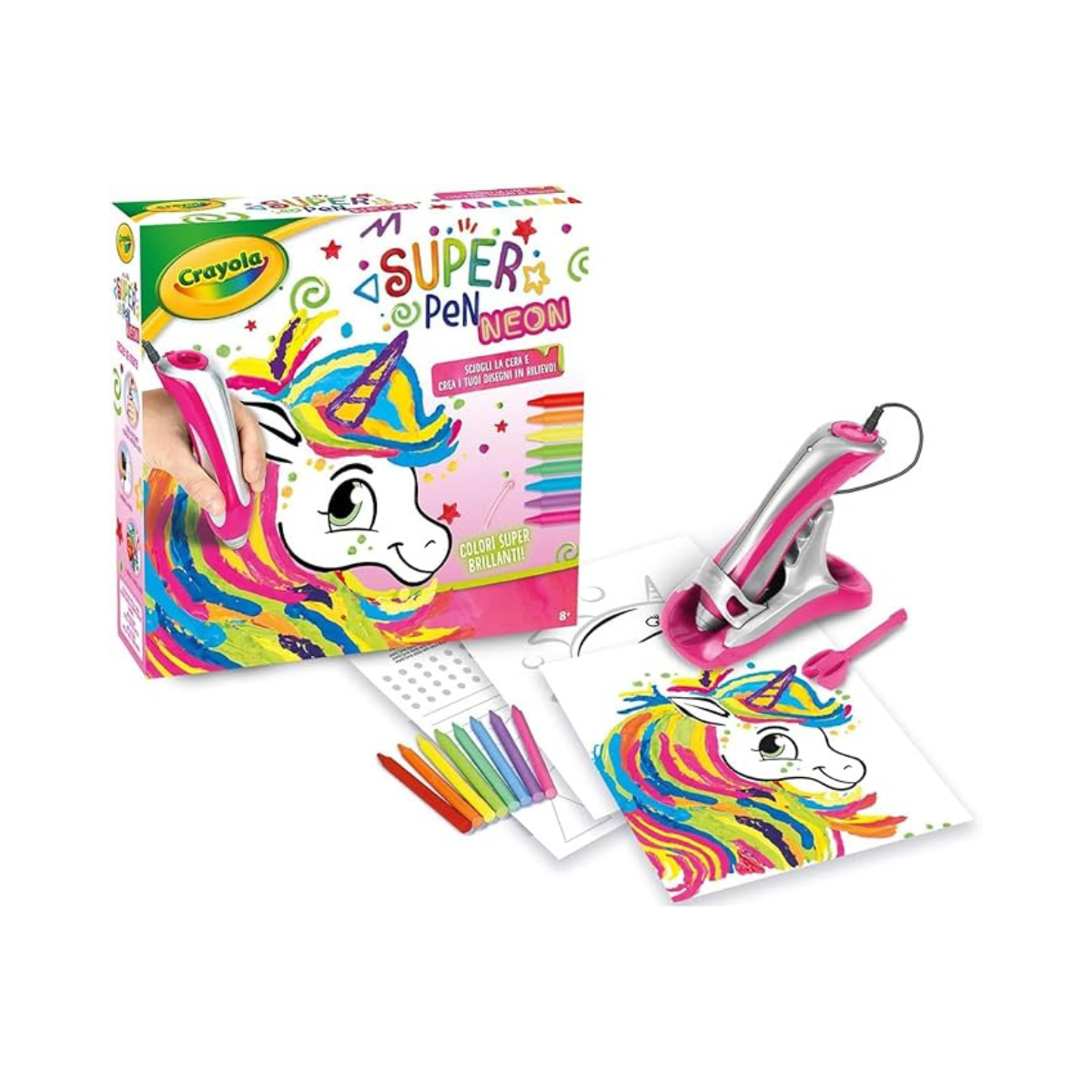 CRAYOLA - Super Pen Unicorn Neon Wax Crayons Melting Game and Relief Designs, Creative Activity and Gift for Children, Age 8+, 25-0510