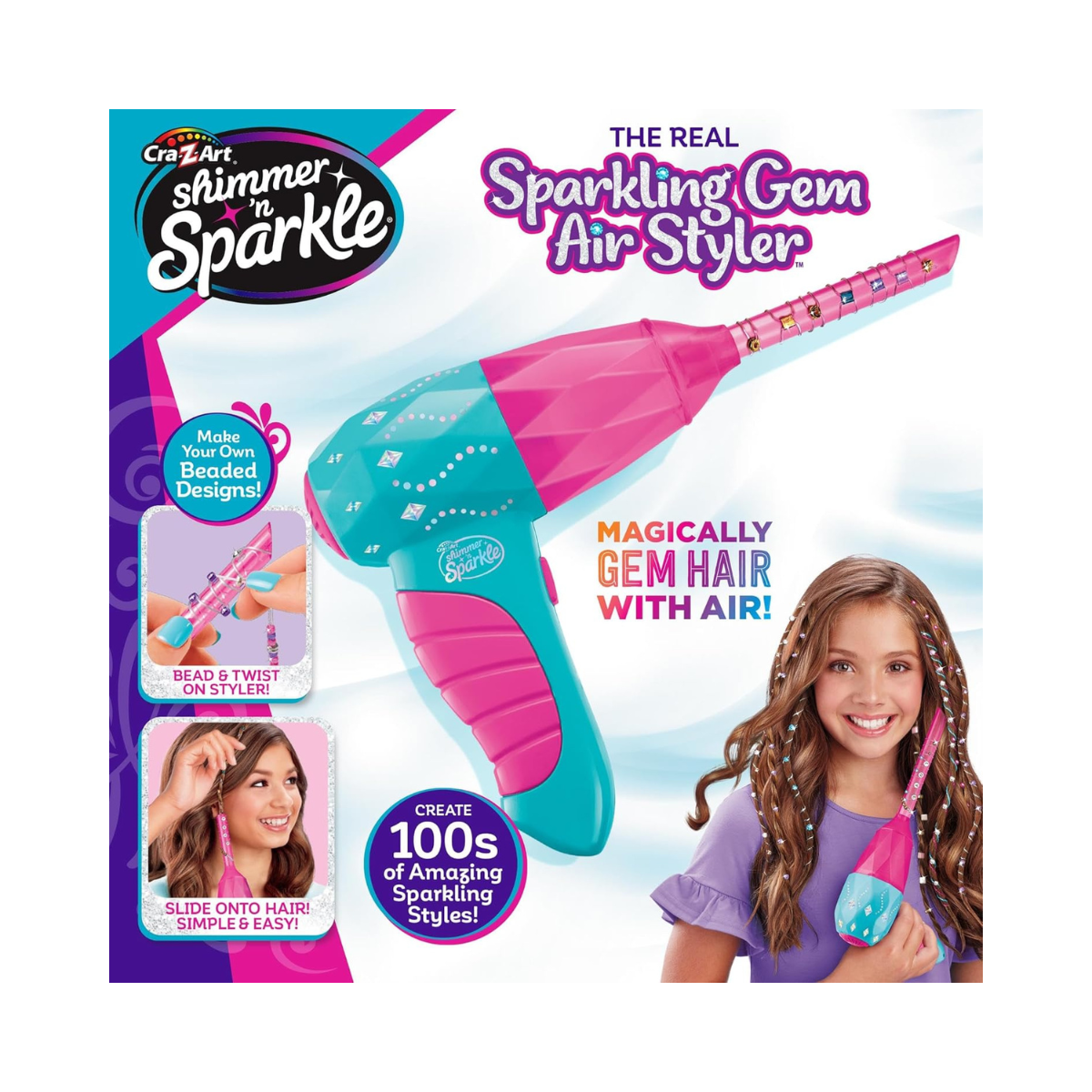CRA-Z-ART Shimmer N Sparkle Real Sparkling Gem Air Styler Create beaded gem threads for childrens hair Present for girls aged 8 and over