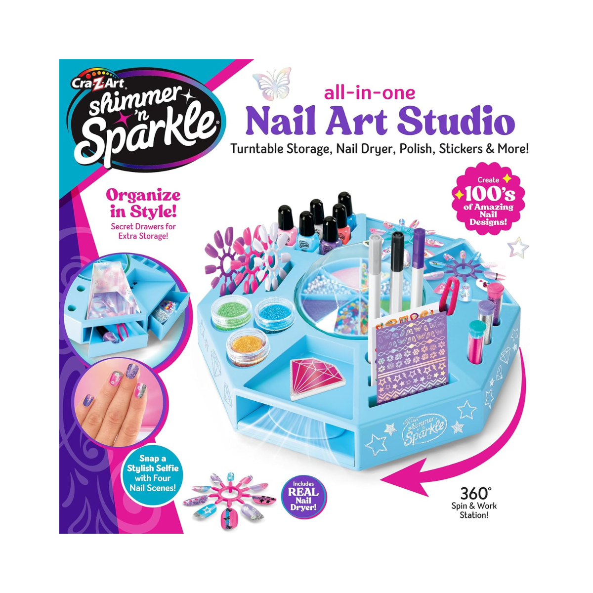 Shimmer N Sparkle Nail Art Studio 360° Spin Workstation with Dryer, Polishes, Stickers & Storage Drawers, Complete Nail Design Kit for Kids Ages 8+