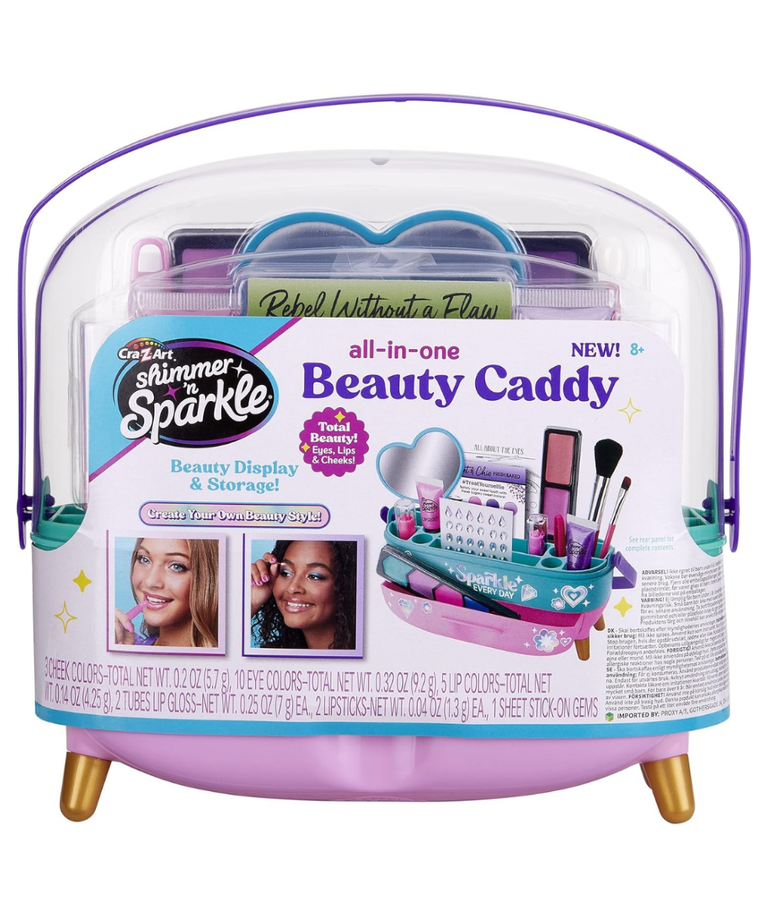 Shimmer N Sparkle All-In-One Beauty Caddy Complete Kit for Kids, Makeup & Styling Set with Colors, Tools, Gems & Practice Pages, Portable Beauty Case for Creative Play – Ages 8+