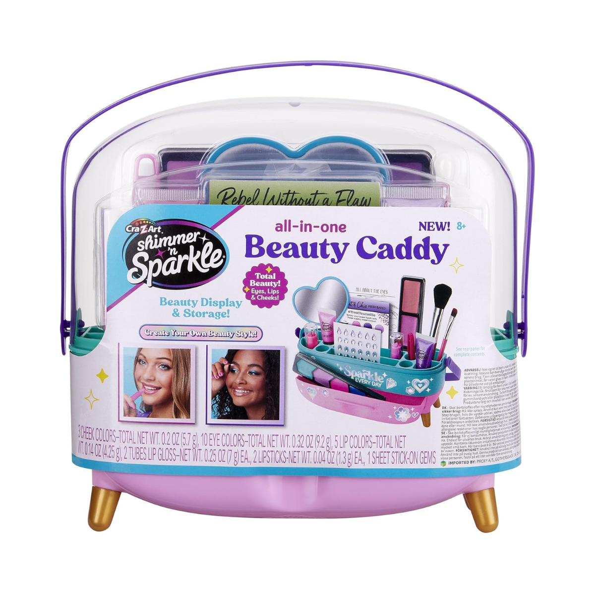 Shimmer N Sparkle All-In-One Beauty Caddy Complete Kit for Kids, Makeup & Styling Set with Colors, Tools, Gems & Practice Pages, Portable Beauty Case for Creative Play – Ages 8+