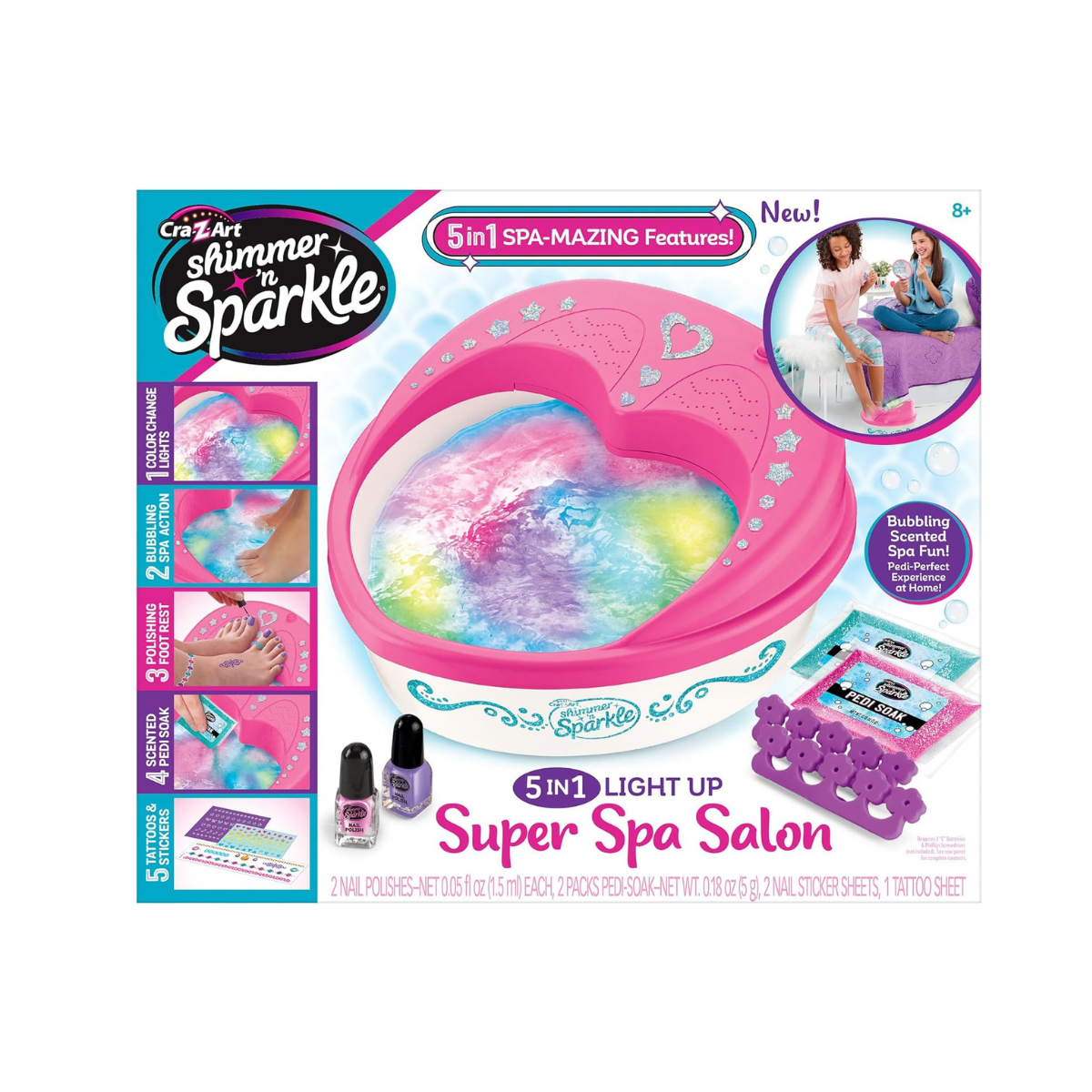 Shimmer N Sparkle Light Up 5-in-1 Light-Up Super Spa Salon, At-Home Pedicure Kit with Color-Changing Light Effects, Salon-Style Foot Spa for Kids & Adults