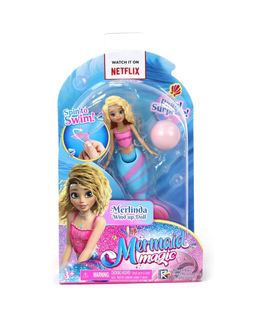 Mermaid Magic Windup Doll 5-Inch Merlinda, Pearl Surprise, Spin to Swim, Action Doll, Bath Time & Pool Toy, Gift, Mermaid Dolls, Collectible, 3 Years+