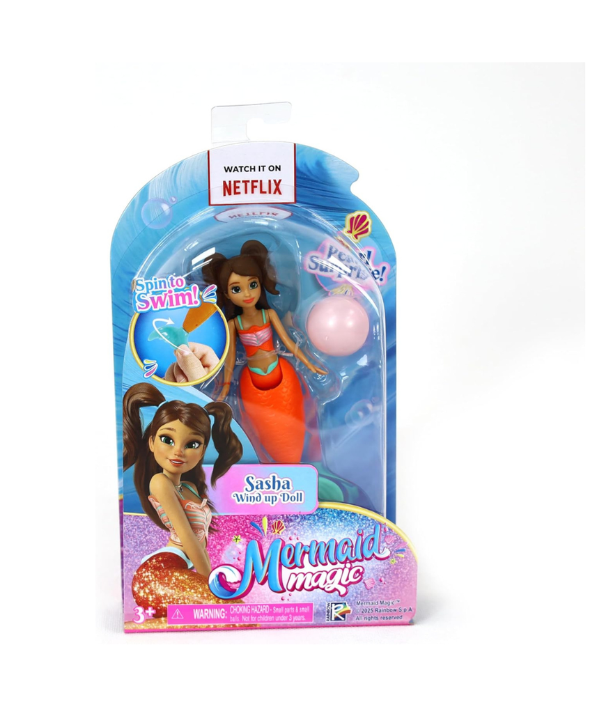 Mermaid Magic Windup Doll 5-Inch Sasha, Pearl Surprise, Spin to Swim, Action Doll, Bath Time & Pool Toy, Gift, Mermaid Dolls, Collectible, 3 Years+