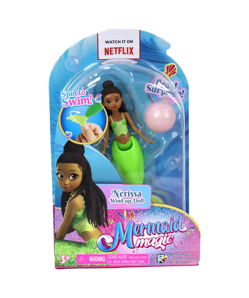 Mermaid Magic Windup Doll 5-Inch Nerissa, Pearl Surprise, Spin to Swim, Action Doll, Bath Time & Pool Toy, Gift, Mermaid Dolls, Collectible, 3 Years+