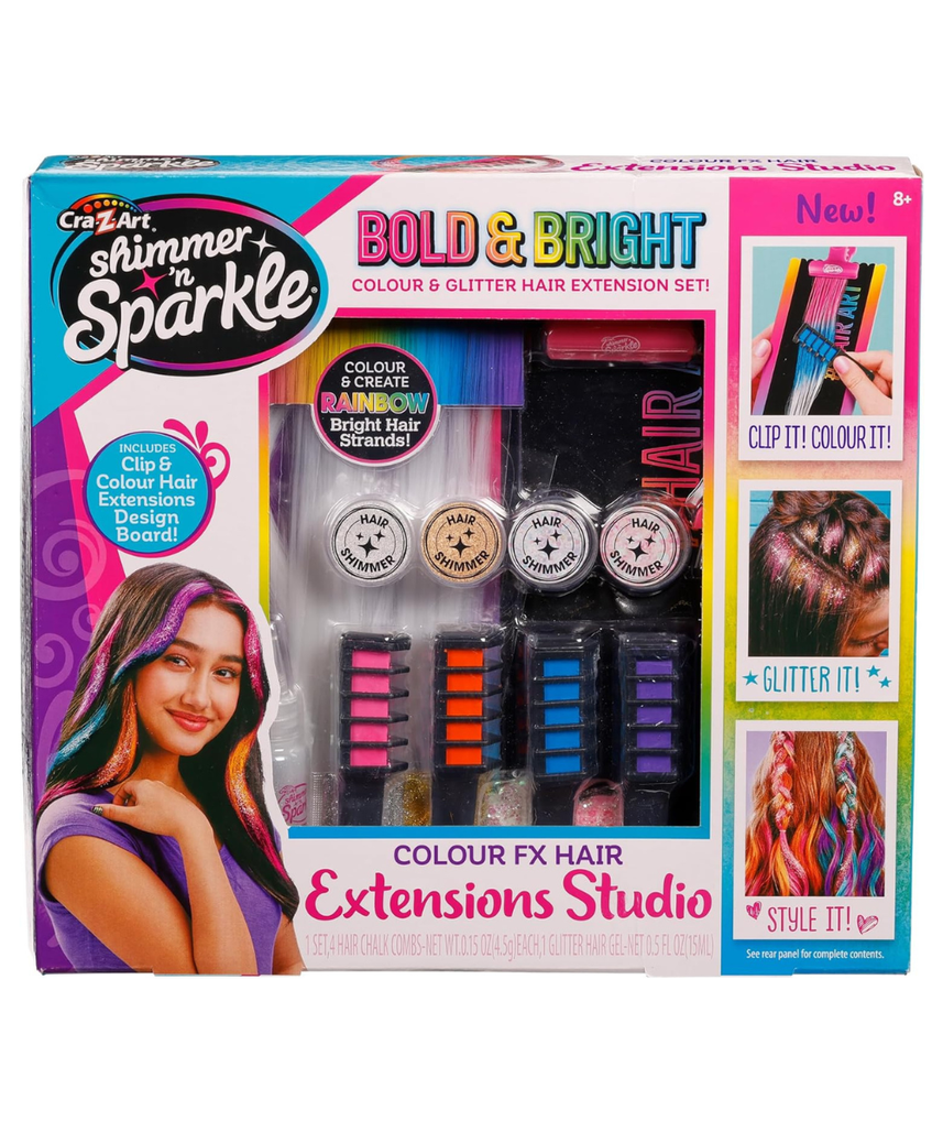Shimmer N Sparkle Color FX Hair Extension Studio Kit with 4 Clip-In Extensions, Hair Glitter Gel, Hair Combs, and Clip & Color Design Board for Creative Styling- (65594)