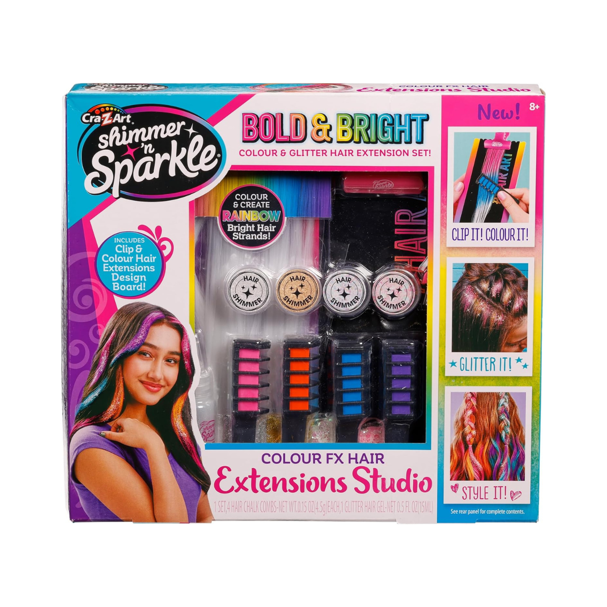 Shimmer N Sparkle Color FX Hair Extension Studio Kit with 4 Clip-In Extensions, Hair Glitter Gel, Hair Combs, and Clip & Color Design Board for Creative Styling- (65594)